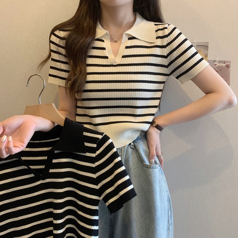 2024 Summer French Design Niche Elegant Slim Top Polo Shirt V-Neck Stripesd Short-Sleeved Knitwear For Women - Image 2